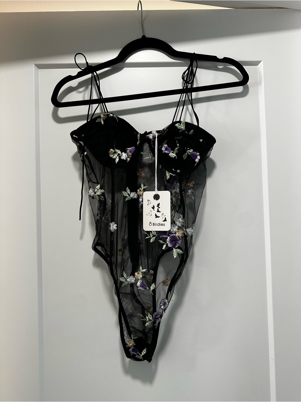 8 Birdies “Piece of Advice Bodysuit” Black Floral Embroidered Sheer lingerie - S